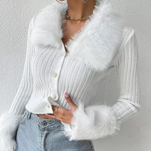 SHEIN Allurite Faux Fur Trimmed Rib Knit Cardigan - Picture 1 of 17